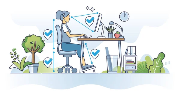 Ergonomics for remote work and correct sitting posture outline concept. Back support and spine position from chair height vector illustration. Working from home in comfortable and healthy workspace.